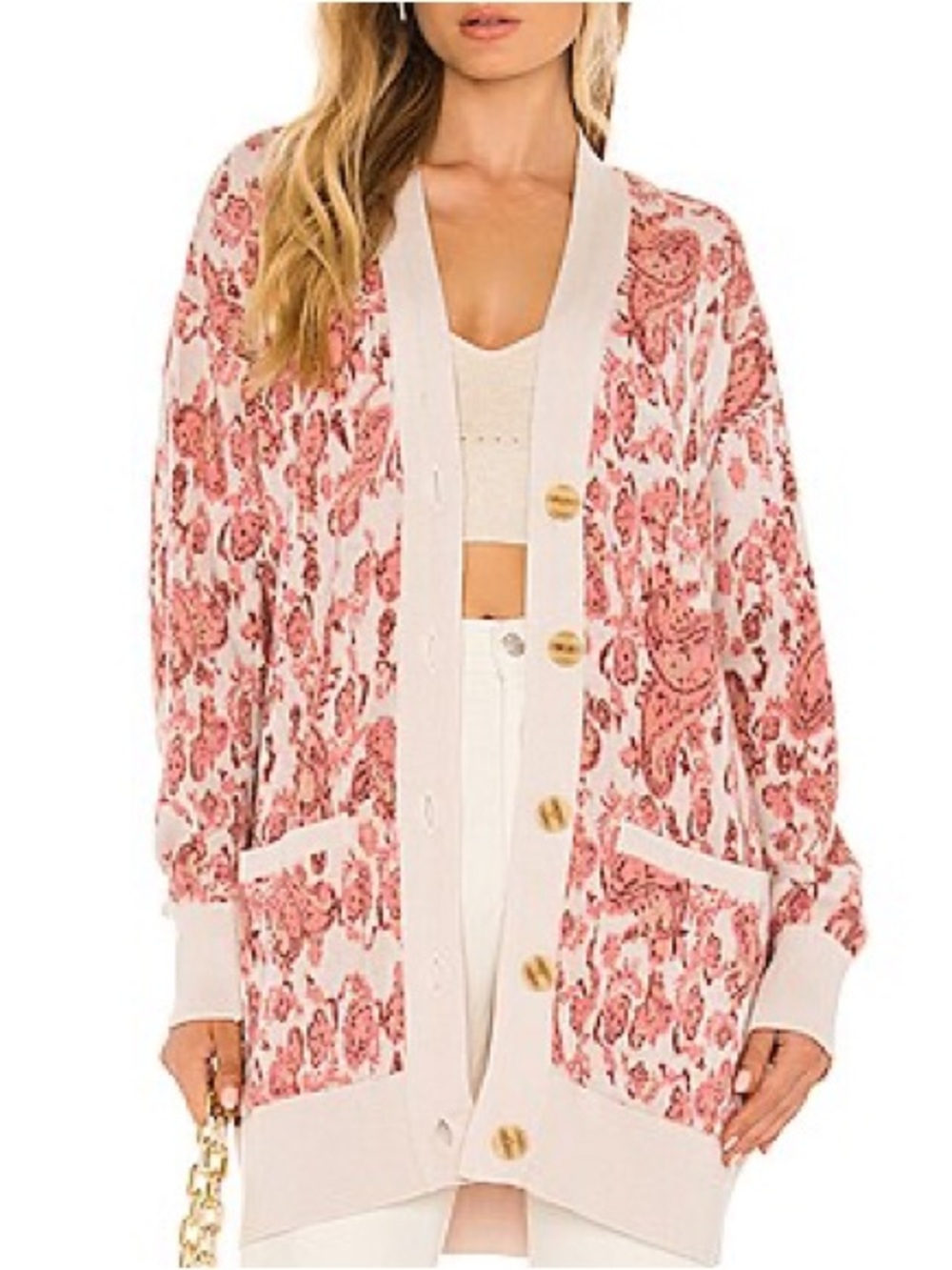 HEMANT & NANDITA Womans Medium Pink Paisley-Print open front long Cardigan